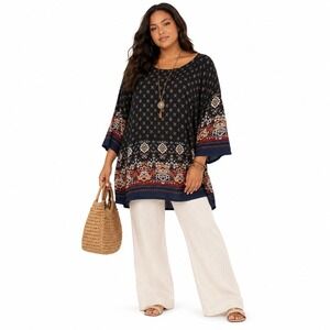 RISESUN Boho Geometric Medallion Print Tunic Bell Sleeve Top Navy Blue Size XXL